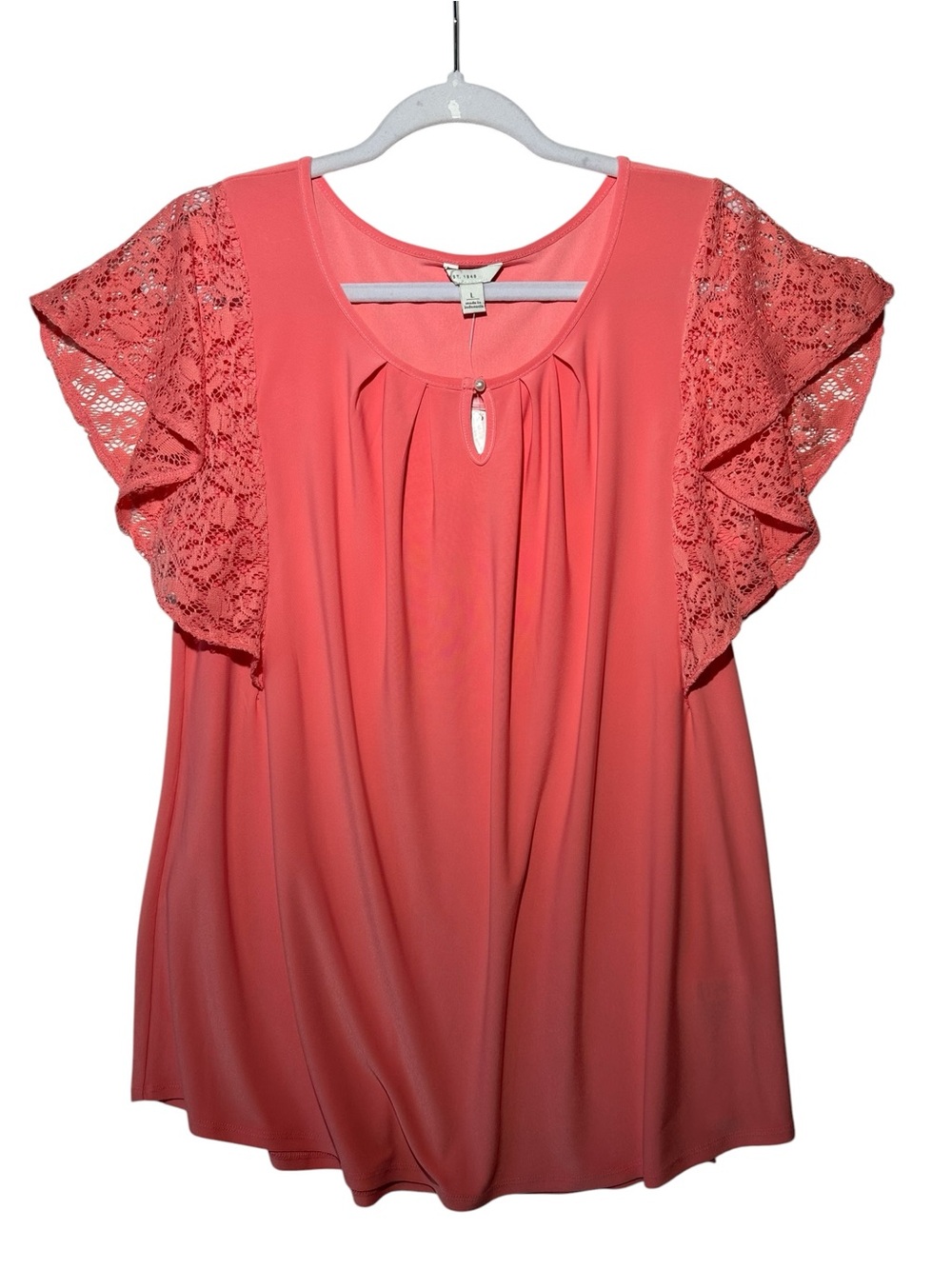 Cato Shell Pink Lace Flutter Sleeve Blouse Size L NWT